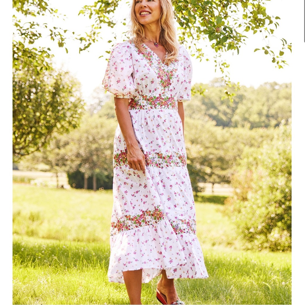 April Cornell White and Pink Floral Midi Dress